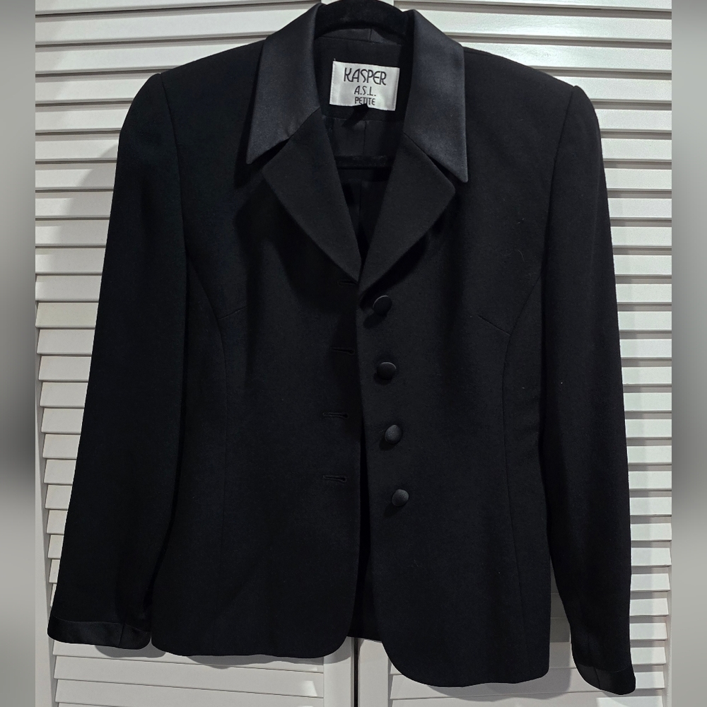 Kasper A.S.L. Petite Black Suit - Blazer &long Skirt with Satin Details Size 2P